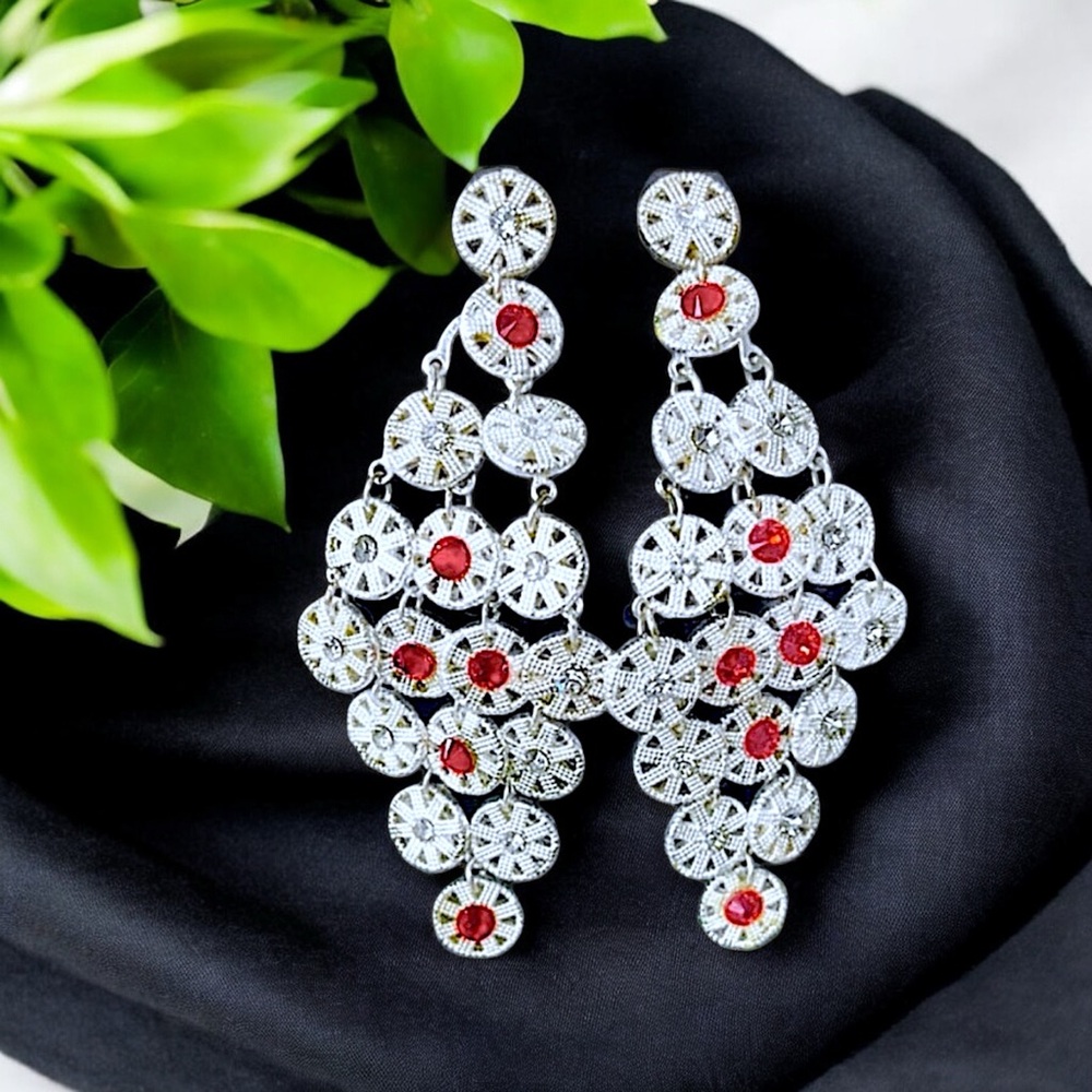 Ruby Red and Clear Round Drop Chandelier Earrings
